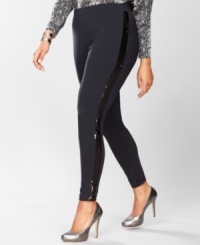 Who knew casual could be so glam? Sequins take the place of traditional tuxedo stripes on INC's plus size leggings.