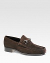 Soft suede with a silvertone horsebit accent. Leather sole Made in Italy