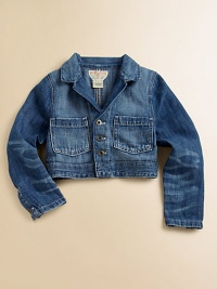 This stylish denim jacket is rendered in a slightly faded and frayed wash for a cool, timeworn look.Point collar with notched lapelLong sleeves with single button cuffsButton frontFront patch pocket65% cotton/35% elastaneMachine washImported Please note: number of buttons may vary depending on size ordered. 