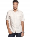 Casual goes classy with this double-pocketed linen-blend shirt from Cubavera.