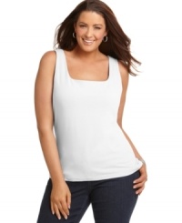 This little top has a secret, a shelf bra that is ideal for shaping! Karen Scott's plus size tank is body-hugging and ultra feminine.