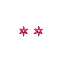 14K Yellow Gold Red, Deep Pink Flower CZ Stud Earrings with Screw-back for Baby and Children