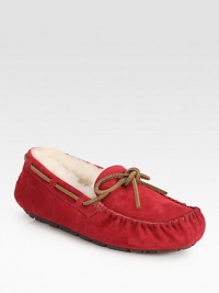 Moccasin-inspired suede style with leather trim and shearling lining for ultimate comfort. Suede upper Shearling lining Rubber sole Padded insole ImportedOUR FIT MODEL RECOMMENDS ordering true whole size; ½ sizes should order the next whole size up.