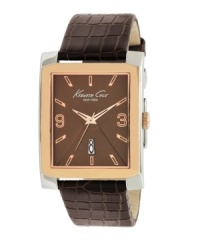 An incomparable blend of a robust facade and an elegant center, by Kenneth Cole New York. Watch crafted of brown croc-embossed leather strap and rectangular rose-gold plated stainless steel case. Brown dial features rose-gold tone applied numerals at three and nine o'clock, stick indices, date window at six o'clock, rose-gold tone three hands and logo at twelve o'clock. Quartz movement. Water resistant to 30 meters. Limited lifetime warranty.