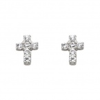 .925 Sterling Silver Rhodium Plated Cross CZ Stud Earrings with Screw-back for Children & Women