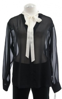 DKNY Black Silk Button Front V-Neck Blouse With Contrast Tie Medium