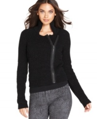 Biker style gets girly in DKNY Jeans' soft moto-inspired sweater.