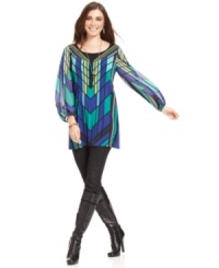 Add color to your fall look with this geo-print tunic from Style&co. Airy bishop sleeves make this a must-have top for the season!