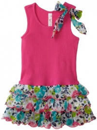 Love U Lots Baby-girls Infant Rib Drop Waist Dress with Floral Tiers and Bow, Pink/Aqua, 12 Months