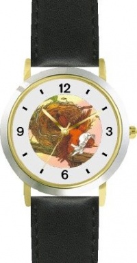 The Little Bird - from Mother Goose by Artist: Sylvia Long - WATCHBUDDY® DELUXE TWO-TONE THEME WATCH - Arabic Numbers - Black Leather Strap-Size-Children's Size-Small ( Boy's Size & Girl's Size )