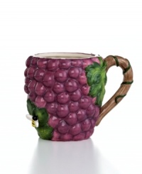 A fun bunch, Grape mugs from Martha Stewart Collection are bursting with whimsical detail, from their juicy purple fruit to bumblebee and vine accents.