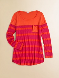 Vibrant stripes adorn this long-sleeve silhouette in ultra-comfy fabric. ScoopneckLong sleevesChest patch pocketPullover styleSupima micro modal/polyesterMachine washImported