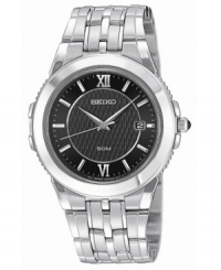 Refine your everyday style with this textured dial watch from Seiko. Silvertone stainless steel bracelet and round case. Black textured dial with logo, date window and stick and roman numeral indices. Quartz movement. Water resistant to 50 meters. Three-year limited warranty.