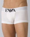 Emporio Armani stretch cotton trunks. Slim fitting stretch cotton boxer briefs. Features soft Microfiber and a comfortable waistband with logo emblem.