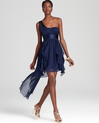 ABS by Allen Schwartz's one shoulder dress boasts chic flair with satin trim and a handkerchief hem.