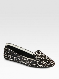 Slip on the simple ease of this lush calf hair design, revitalized with an irresistible giraffe print. Giraffe-print calf hair upperLeather liningRubber solePadded insoleImported