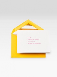 Whether you're surprised and delighted, over the moon, thanking your lucky stars or all of the above, this Kate Spade New York card decked in yellow, white, pink and gold will allow you to check off the way you're feeling.Includes 10 foldover cards and 10 lined envelopesBlank insideHigh-quality, Crane's lettra® fluorescent white cotton paperEach, about 4W X 5HMade in USA