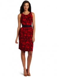 AK Anne Klein Women's Multi Print Sleeveless Belted Dress, Red Poppy, Large