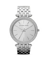 A gorgeous rim of stones illuminates a minimalist Michael Kors three-hand dial, complemented by a classic, link bracelet.