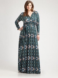 A brilliant print adorns this floor-length dress with a universally flattering wrap design. You will love how the modal fabrication with a touch of stretch complements your curves.Wrap frontLong sleevesPull-on styleAllover printSelf-tie beltAbout 63 from natural waist92% modal/8% spandexDry cleanMade in USA