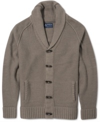 Update your casual look with dapper style in this shawl cardigan with toggle front.