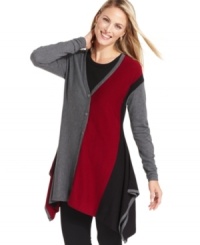 This petite cardigan from Alfani features a unique shape and trendy colorblocking!