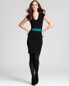 The perfect cocktail party companion, this Cynthia Steffe dress, is elegantly structured for a flattering silhouette with an alluring V neckline--a contrast teal waist accents cinches the deal!