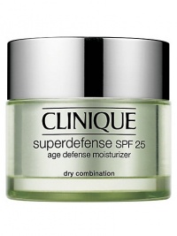 Superdefense SPF 25 Age Defense Moisturizer in Dry Combination. Skin's most complete defense against the visible signs of aging in a daily moisturizer. Arms it to fight the visible effects of emotional stress. Helps neutralizes UVA and UVB. 1.7 oz. 