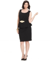 Lend instant sophistication to your desk-to-dinner wardrobe with Alfani's sleeveless plus size sheath dress, accented by a belted and peplum waist.