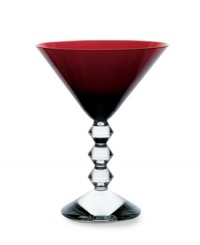 Color it chic. Baccarat takes already-stunning Vega stemware to the next level with this ruby-hued martini glass. A chunky, beaded stem contrasts brilliant color in heavy, exquisitely crafted crystal.