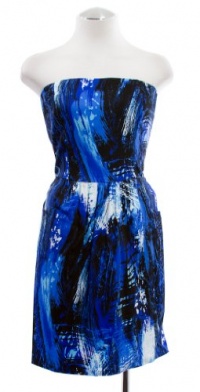 AQUA Cobalt Blue Printed Cotton Strapless Mini Dress Small