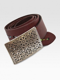 Cutting edge full leather strap belt with stain glass buckle and space dye thread accent.LeatherAbout 1½ wideImported