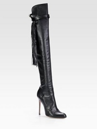 Make an impact with this tall leather boot, amplified by vintage-inflected fringe details and a piercing heel. Self-covered heel, 4 (100mm)Shaft, 24Leg circumference, 14Leather upperPull-on style with leather adjustable strapLeather lining and solePadded insoleMade in Italy