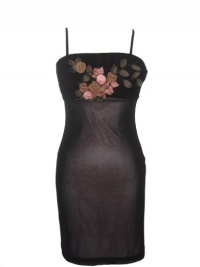 SUE WONG Flower Front Spaghetti Straps Short Dress-BLACK/ROSE-4