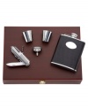 Beautifully crafted in stainless steel with faux leather accents, this well-appointed barware set from Gorham makes a fantastic gift for those who appreciate fine liquors. With a handsome wooden box for easy storage.