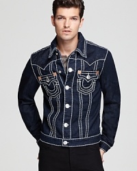 Striking contrast stitching accentuates the bold rinse of this statement jacket from True Religion.