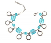 Bracelet - B75 - Murano Style Glass Cubes & Silver Tone Circle Dangles ~ Aqua