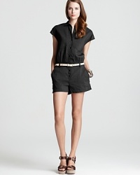 Fresh on the scene, the Theory romper is a polished alternative to shorts and a tee--a one-piece style with feminine cap sleeves. Pockets throughout are sporty-chic, while stitching lends unique detail.