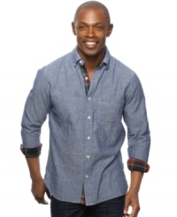 This shirt from Argyleculture adds some modern style with plaid cuffs to a traditional button-front look.