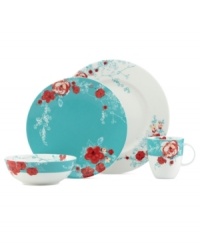 Chirp dinnerware takes on a whole new life in this flowery serving bowl from Lenox. Vibrant red blossoms paint a cheerful scene against a backdrop of turquoise and white.