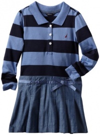 Nautica Sportswear Kids Girls 2-6X Long Sleeve Striped Rugby Chambray Skirt Attached Top, Cadet Blue, 5