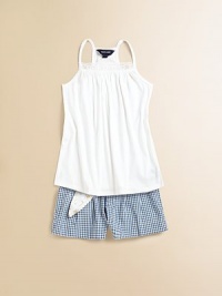 Adorable warm-weather shorts in crisp cotton gingham features finished cuffs and front pleating for a tailored look.Hook-and-eye closureWaistband with belt loops and floral ribbon belt with double D-ring pearlized closureZip flySide inseam pocketsBack button-through patch pocketCottonMachine washImported