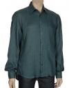 Hugo Boss Mens Linen Dark Green Dress Shirt Medium M Long Sleeves