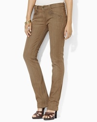 Designed in stretch denim for comfort and a flattering fit, a classic straight-leg jean is distinguished by a rich, earthy hue and chic zip-up pockets.