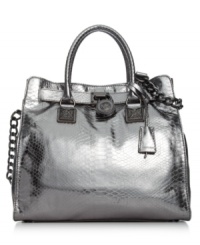 A shining example of exquisite style, this mod metallic tote from MICHAEL Michale Kors features croc-embossed leather with gleaming signature trim. Spacious, versatile and destined to be your go-to silhouette of the season.