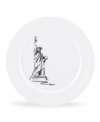 Set the table with a new point of view. Etched with Lady Liberty, the New York accent plate brings big city style to the understated elegance of Tin Can Alley dinnerware.