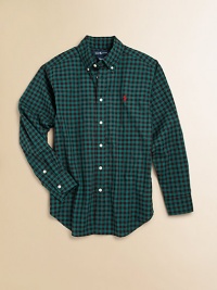 A button-down shirt in soft cotton poplin is perfectly preppy in a bold-hued plaid.Button-down collarLong sleeves with barrel cuffsButton-frontSplit back yokeShirttail hemCottonMachine washImported Please note: Number of buttons may vary depending on size ordered. 