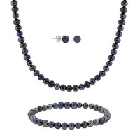 Sterling Silver 5.5-6mm Genuine Freshwater Cultured Peacock Pearl Necklace Bracelet & Stud Earrings Set