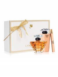 For the Holiday, TRESOR captures the spirit of eternal love. This collection combines the elegance of rose, muguet and lilac with the sparkle of peach and apricot blossom for an elegant and radiant fragrance. Gift Set Contains: Tresor 1 oz. Fragrance Spray, Tresor 3.4 oz. Body Lotion, Tresor 0.34 oz. Purse Spray. 