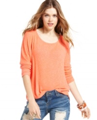 American Rag proves that hot style can be comfy too with this marled-knit, three-quarter sleeve top! Sports a revealing back cutout for a bit of attitude.